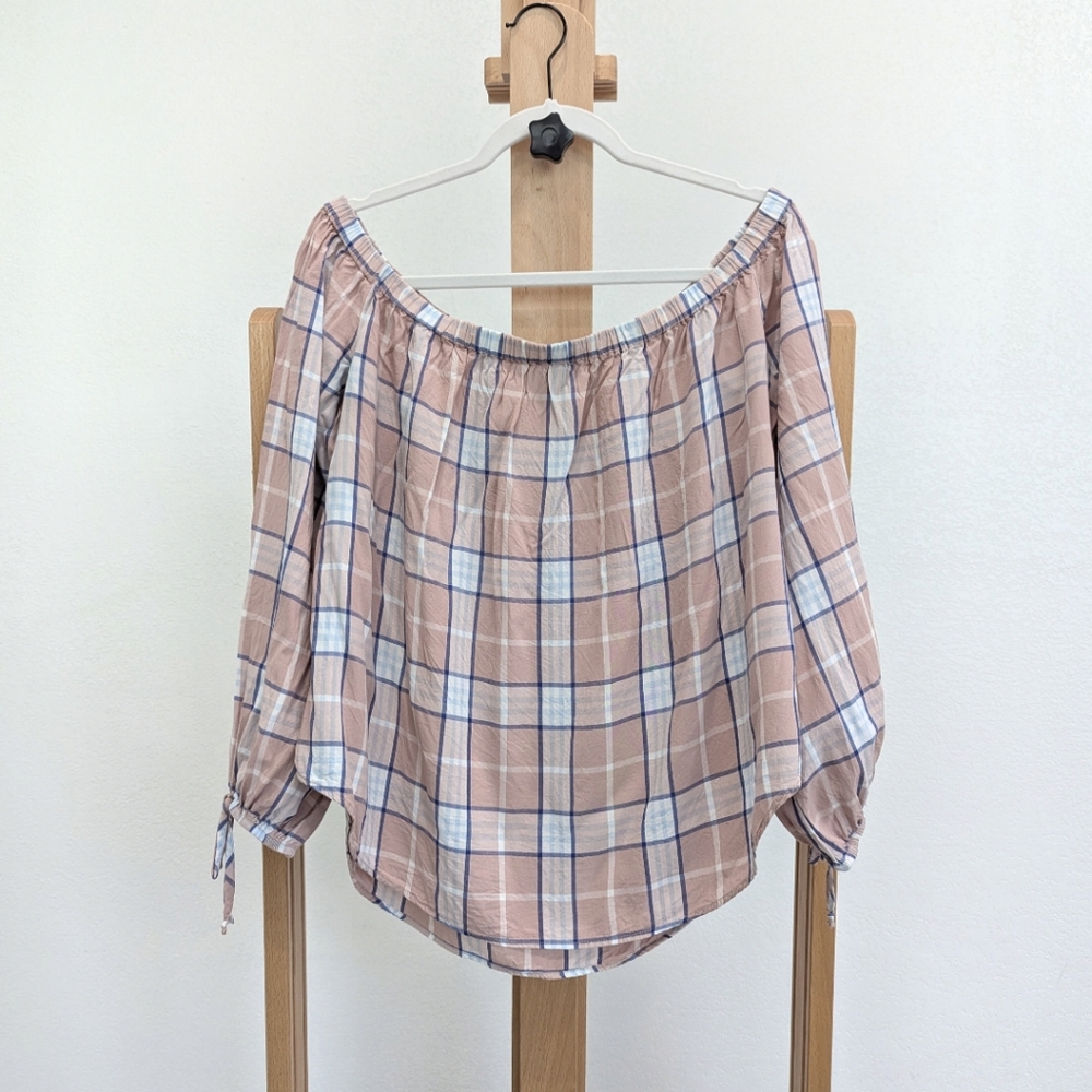 Abercrombie & Fitch Pink Plaid Off-Shoulder Blouse